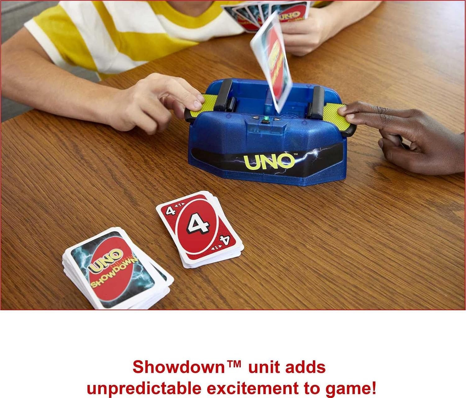image:imageMattel Games UNO Showdown Supercharged Family Card Game with 112 Cards amp Showdown Supercharged Unit for Ages 7 Years Old amp Up Gift for Kid Family or Adult Game Night Ships in Own Container 112 Cards Showdown Supercharged Unit Ages 7 Years Old amp Up Ships in Own Container