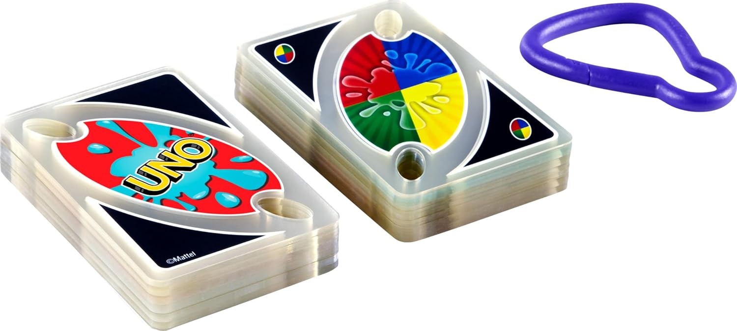 image:imageMattel Games UNO Splash Card Game Ages 7 210 Players With Waterproof Cards ampPortable Carabiner Clip for Travel Pool Time Camping amp Game Nights AwayUno Splash
