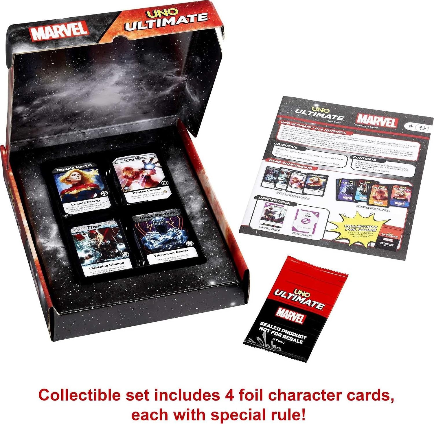 image:imageMattel Games UNO Ultimate Marvel Card Game with 4 Collectible Foil Cards CharacterThemed Decks amp Special Rules for Ages 7 Years amp OlderCore Set 1