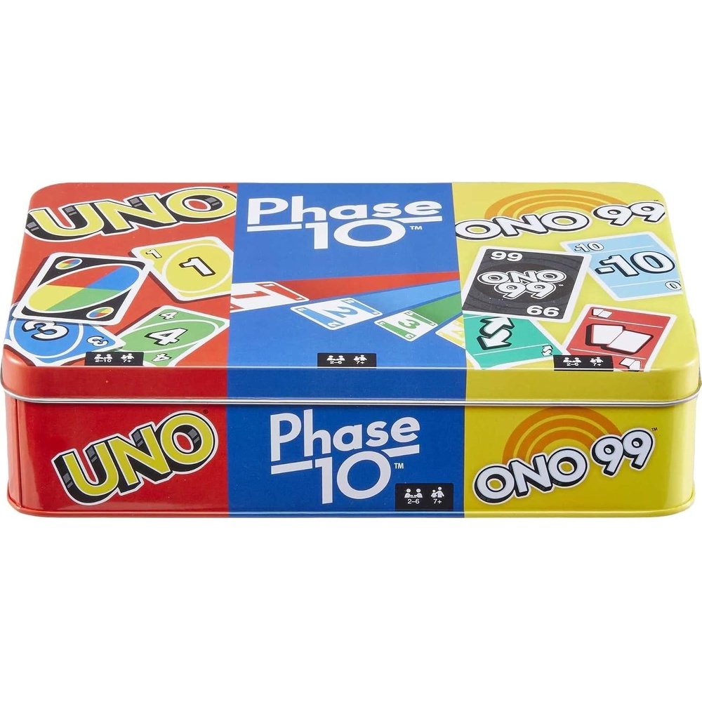 image:imageMattel Games Set of 3 Card Games with UNO Phase 10 amp ONO 99 Travel Fun for Kids amp Family Night with Storage Tin Box Amazon Exclusive