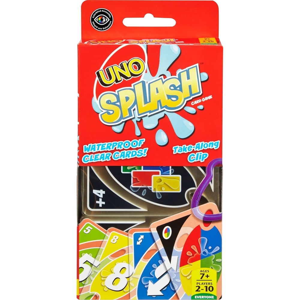 image:imageMattel Games UNO Splash Card Game Ages 7 210 Players With Waterproof Cards ampPortable Carabiner Clip for Travel Pool Time Camping amp Game Nights AwayUno Splash