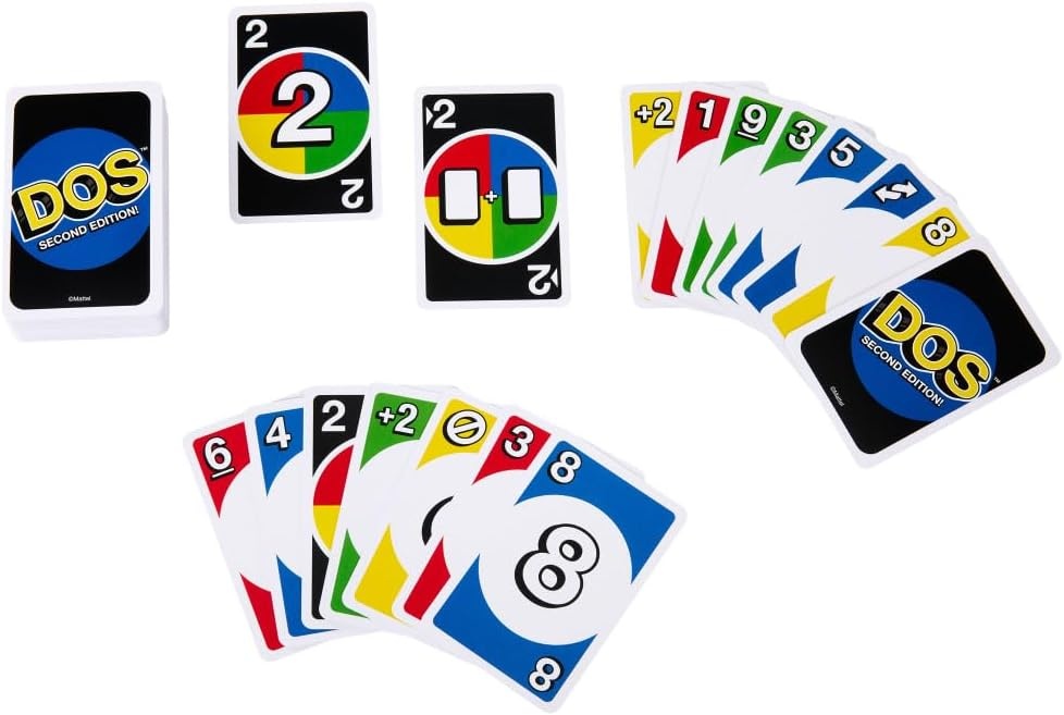 image:imageMattel Games DOS Second Edition Family Card Game in Storage Tin with Updated Rules for Kids and Adults Game Night Travel Camping and Party UNO Cards