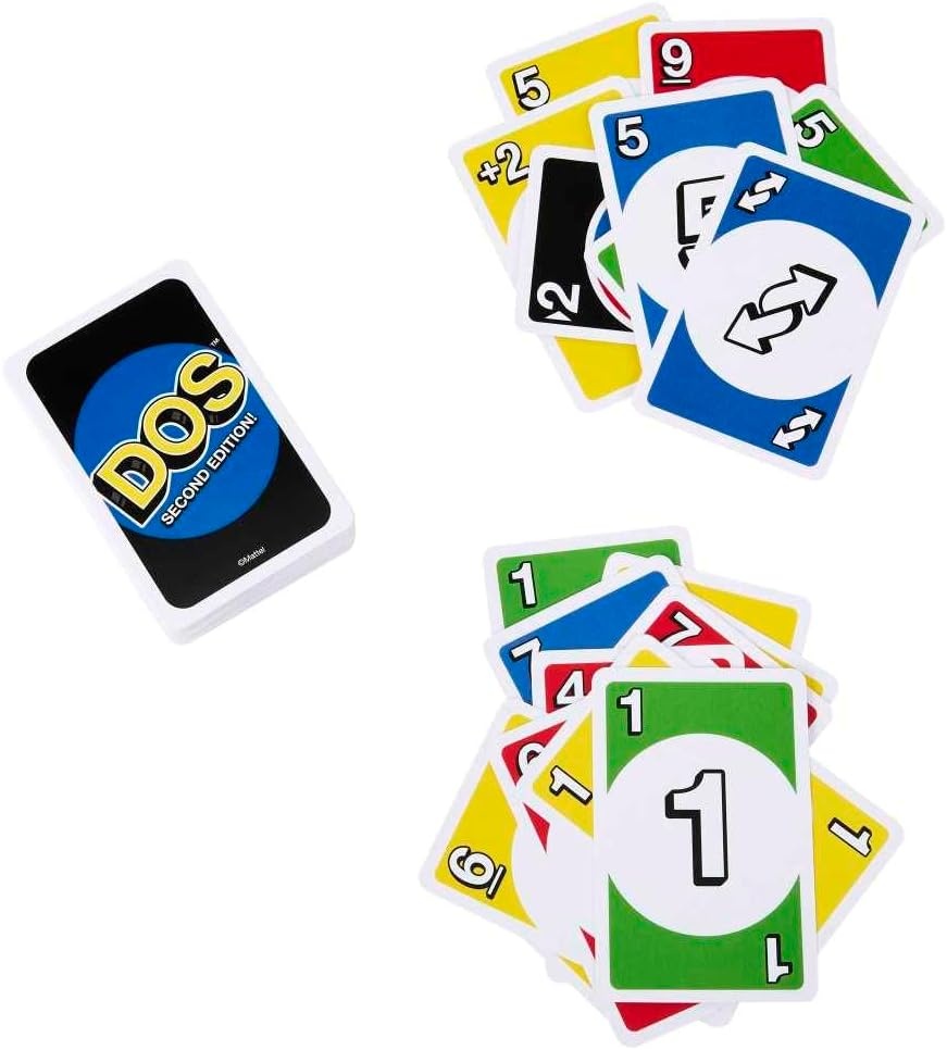 image:imageMattel Games DOS Second Edition Family Card Game in Storage Tin with Updated Rules for Kids and Adults Game Night Travel Camping and Party UNO Cards