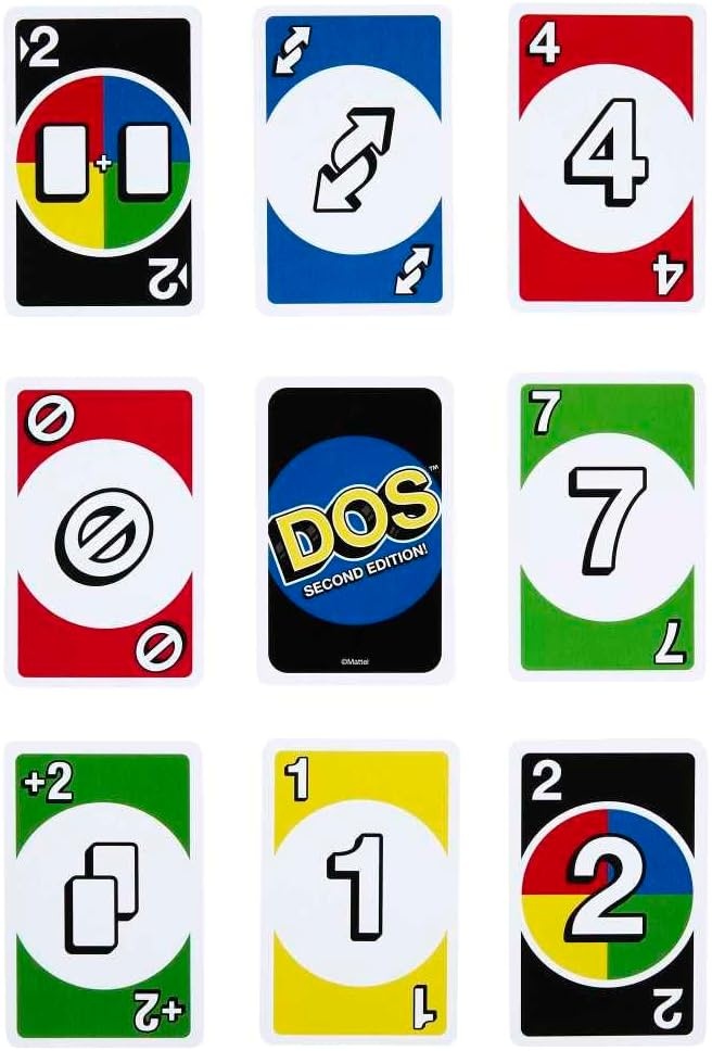 image:imageMattel Games DOS Second Edition Family Card Game in Storage Tin with Updated Rules for Kids and Adults Game Night Travel Camping and Party UNO Cards