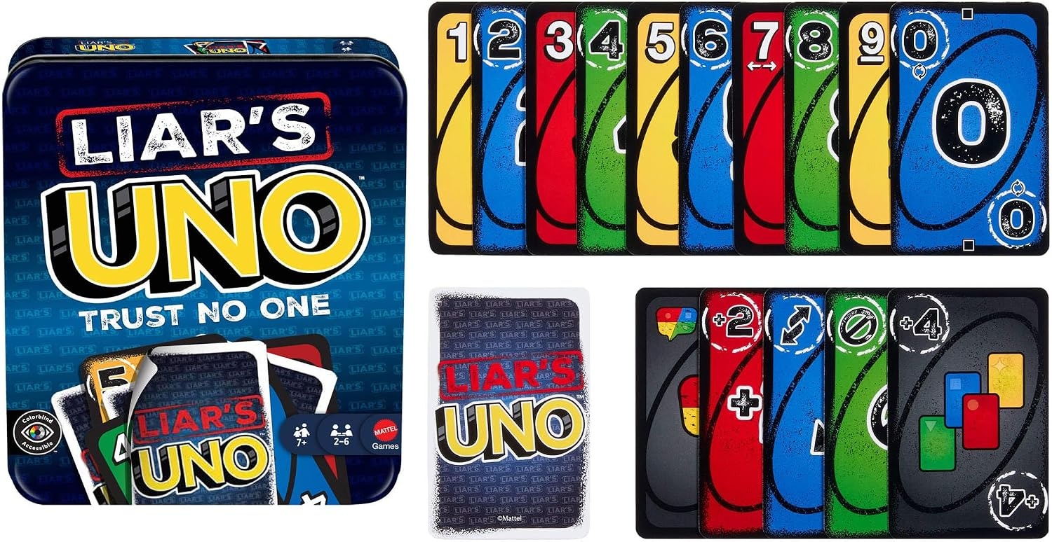 image:imageMattel Games Liars UNO Card Game in Storage TinAges 7 26 Players Bluffing amp Trickery Play Outwit Other Players for Kids Teens amp Family Game Night Amazon Exclusive