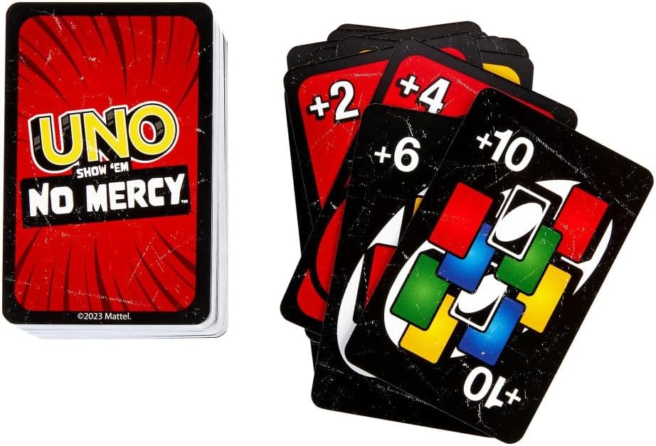 image:imageMattel Games UNO Show em No Mercy Card Game for Kids Adults amp Family Parties amp Travel with Extra Cards Special Rules amp Tougher Penalties With extra cards special rules and heavier penalties 7 26 players HWV18Multicolor