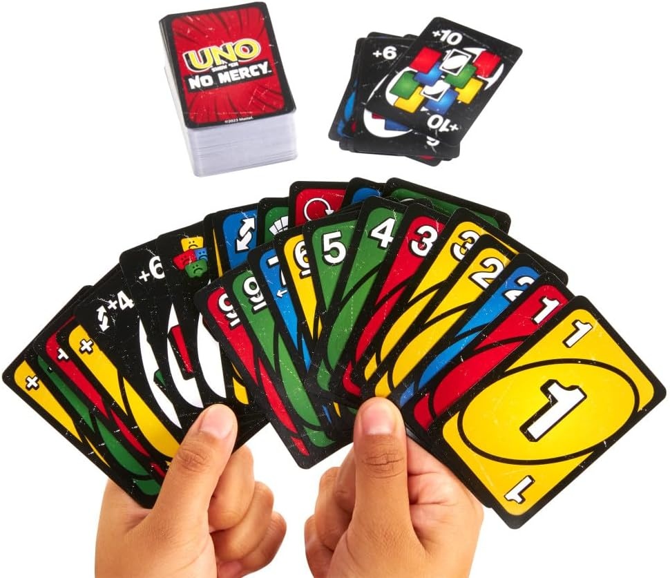 image:imageMattel Games UNO Show em No Mercy Card Game for Kids Adults amp Family Parties amp Travel with Extra Cards Special Rules amp Tougher Penalties With extra cards special rules and heavier penalties 7 26 players HWV18Multicolor
