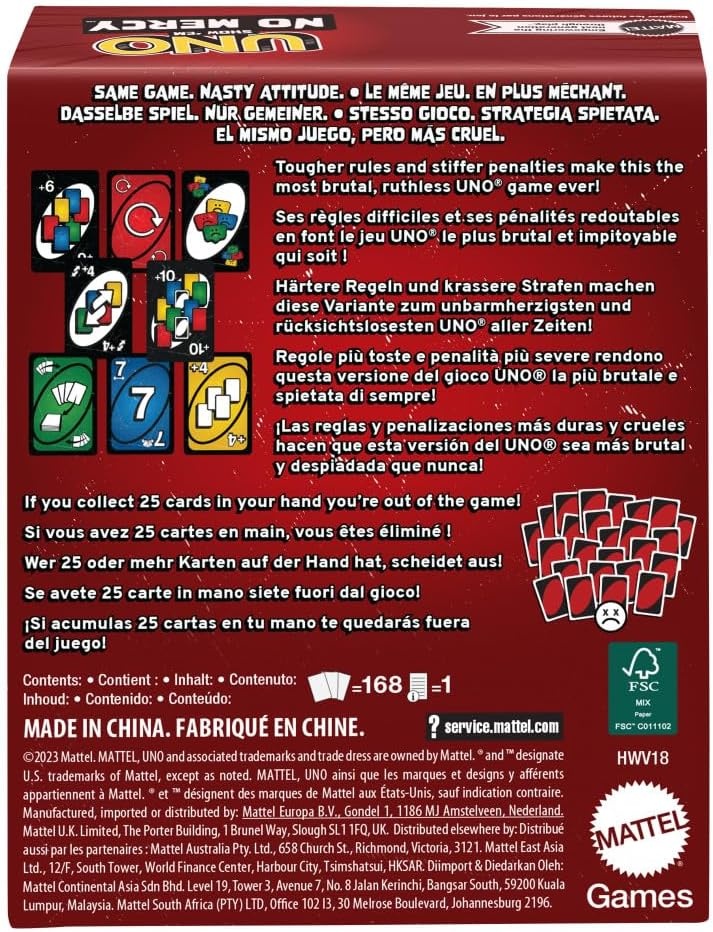 image:imageMattel Games UNO Show em No Mercy Card Game for Kids Adults amp Family Parties amp Travel with Extra Cards Special Rules amp Tougher Penalties With extra cards special rules and heavier penalties 7 26 players HWV18Multicolor