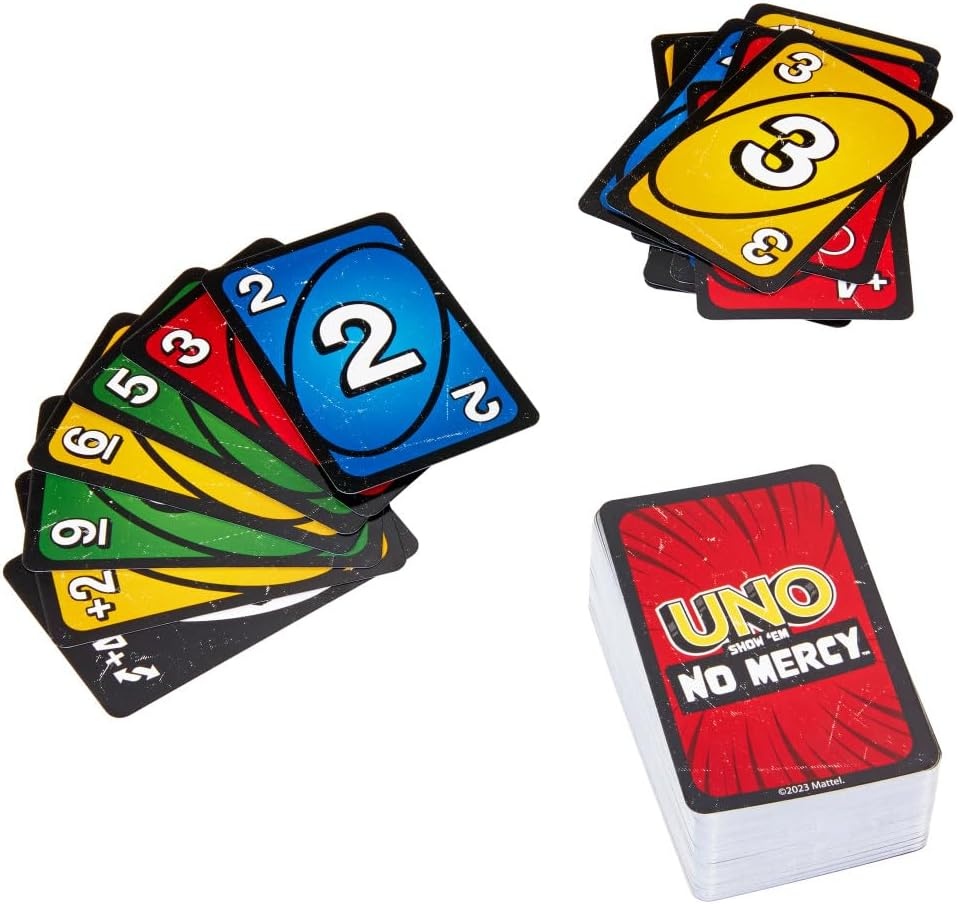 image:imageMattel Games UNO Show em No Mercy Card Game for Kids Adults amp Family Parties amp Travel with Extra Cards Special Rules amp Tougher Penalties With extra cards special rules and heavier penalties 7 26 players HWV18Multicolor
