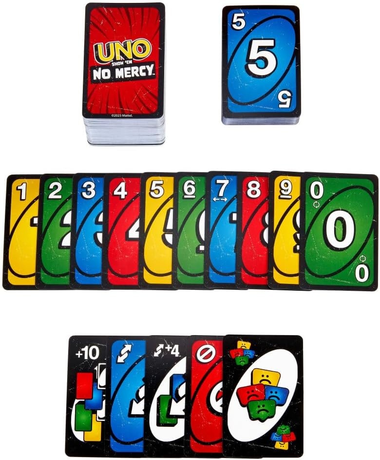 image:imageMattel Games UNO Show em No Mercy Card Game for Kids Adults amp Family Parties amp Travel with Extra Cards Special Rules amp Tougher Penalties With extra cards special rules and heavier penalties 7 26 players HWV18Multicolor