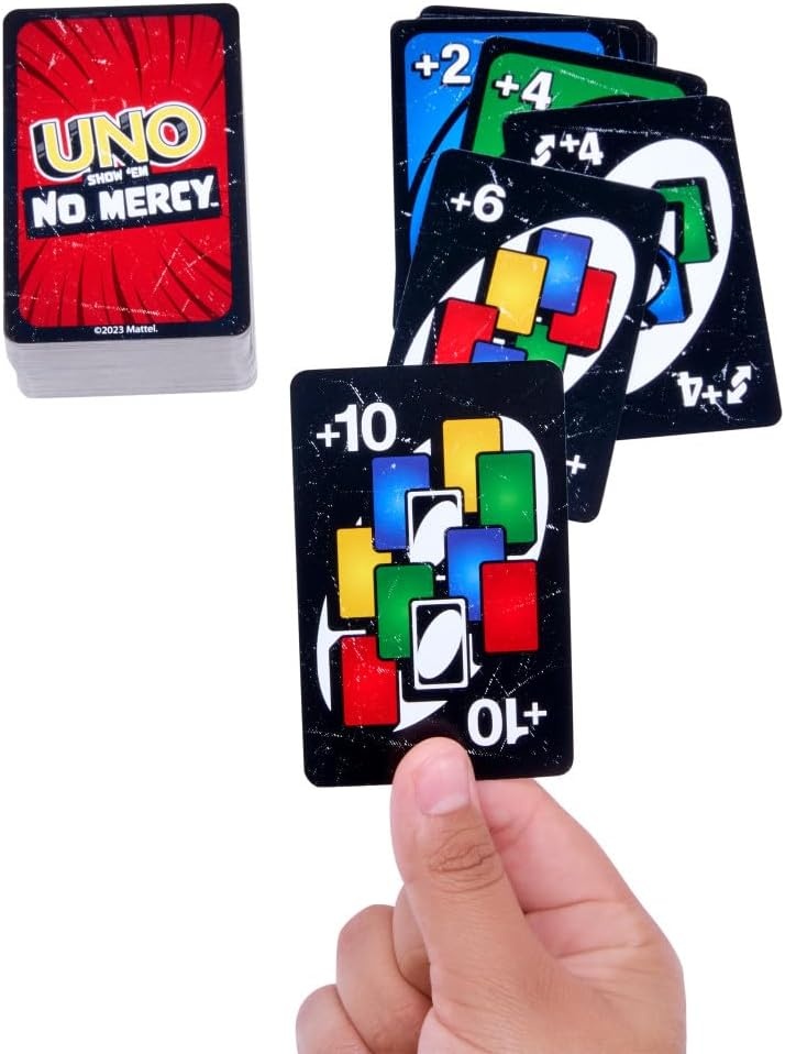 image:imageMattel Games UNO Show em No Mercy Card Game for Kids Adults amp Family Parties amp Travel with Extra Cards Special Rules amp Tougher Penalties With extra cards special rules and heavier penalties 7 26 players HWV18Multicolor