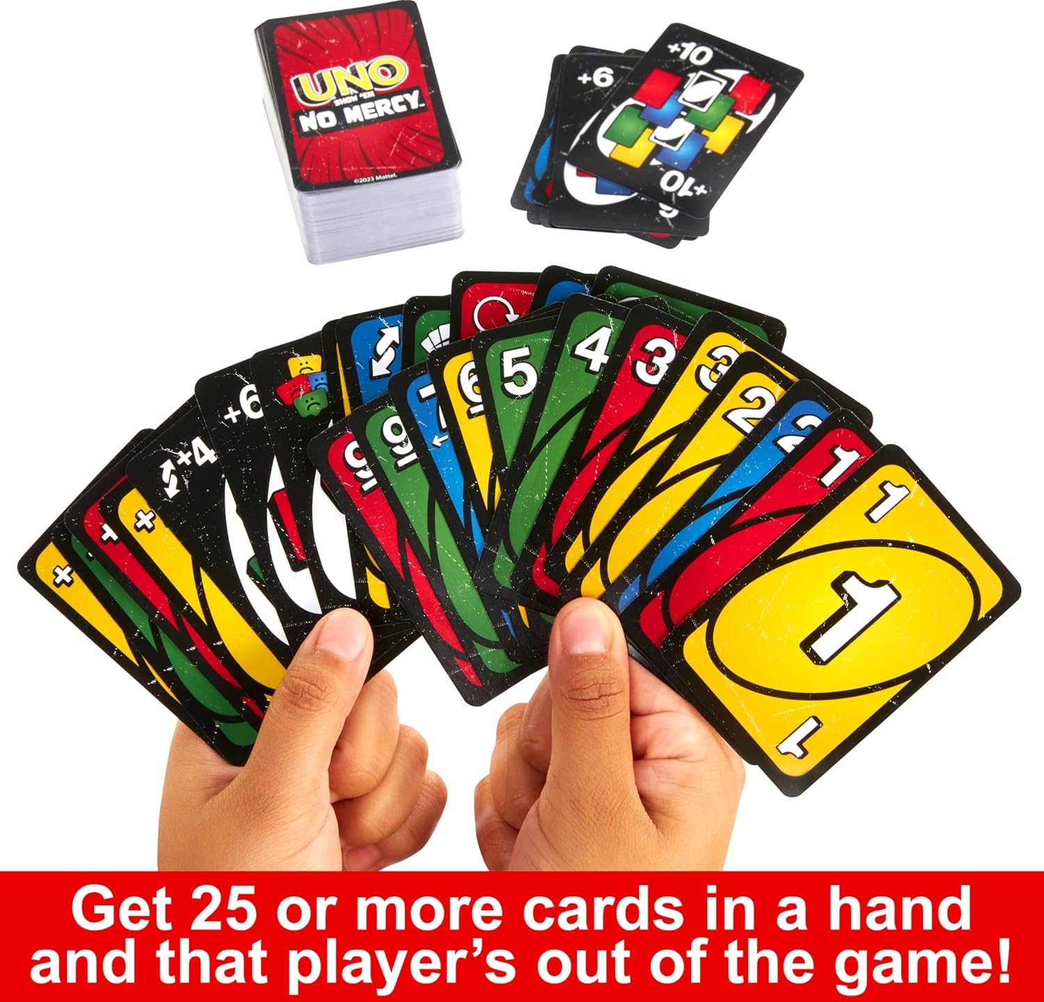 image:imageMattel Games UNO Show em No Mercy Card Game in Storage TinAges 7 Extra Cards Special Rules amp Tougher Penalties for Kids Teens amp Family Game Night 26 Players Amazon Exclusive