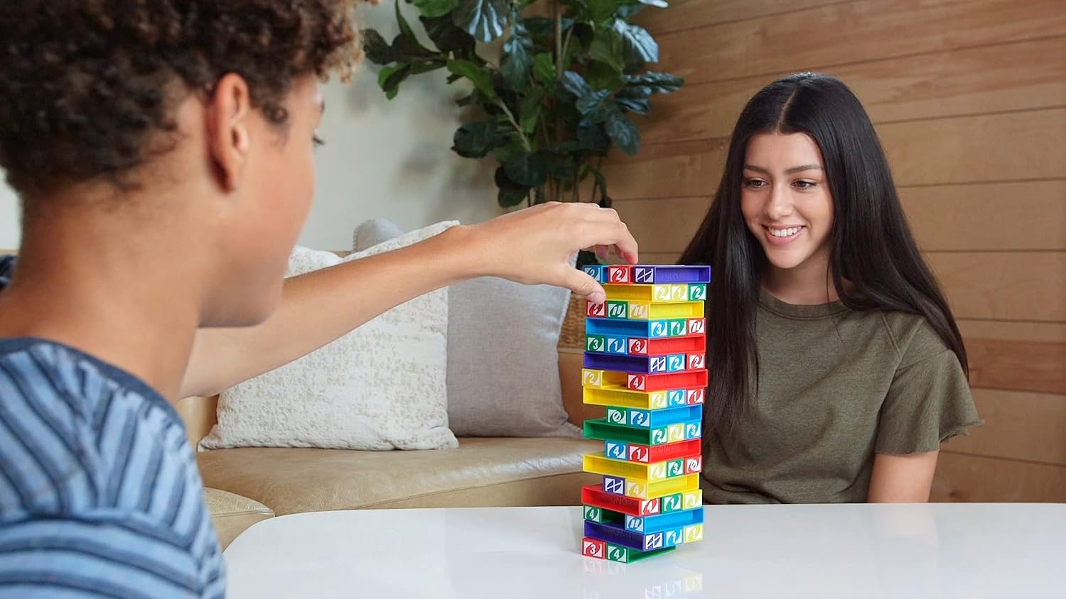 image:imageMattel Games UNO StackoGame for Kids and Family with 45 Colored Stacking Blocks Loading Tray and Instructions Makes a Great Gift for 7 Year Olds and Up 43535