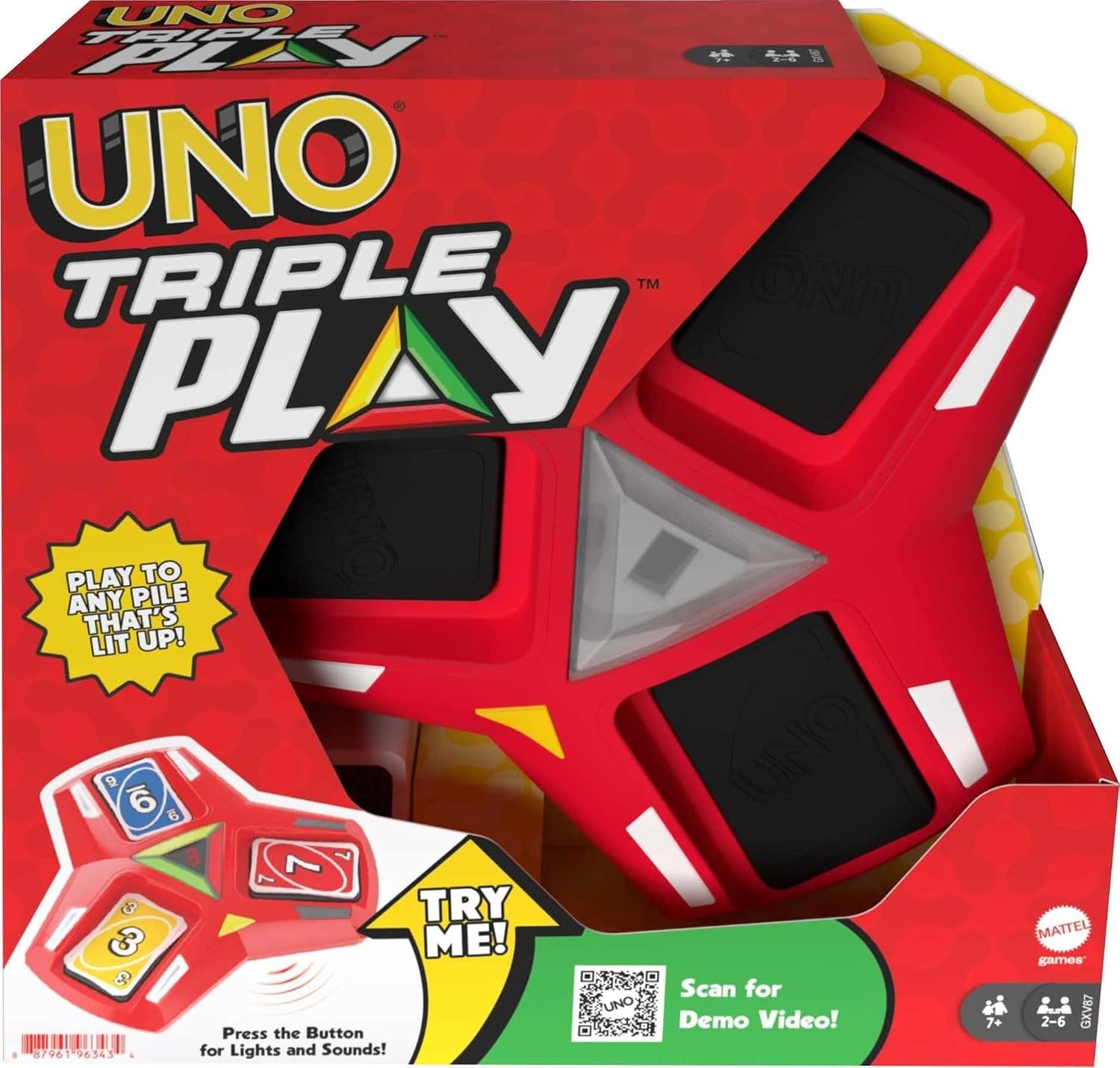 image:imageMattel Games UNO Triple Play Card Game Game for Kids Adults and Family Night Play Three Piles Draw When it Overloads Lights and Sounds