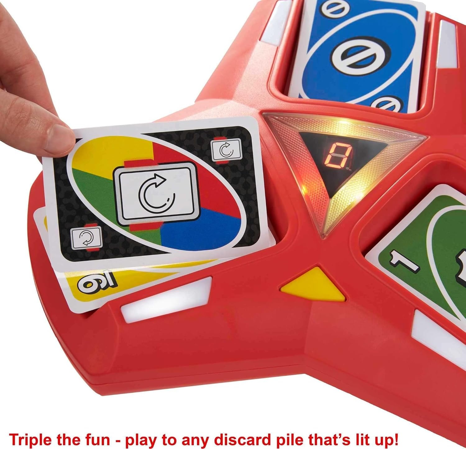 image:imageMattel Games UNO Triple Play Card Game Game for Kids Adults and Family Night Play Three Piles Draw When it Overloads Lights and Sounds