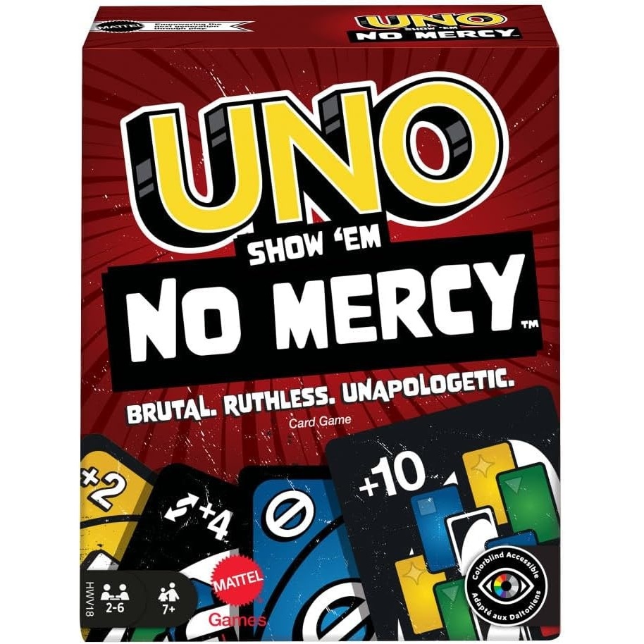 image:imageMattel Games UNO Show em No Mercy Card Game for Kids Adults amp Family Parties amp Travel with Extra Cards Special Rules amp Tougher Penalties With extra cards special rules and heavier penalties 7 26 players HWV18Multicolor