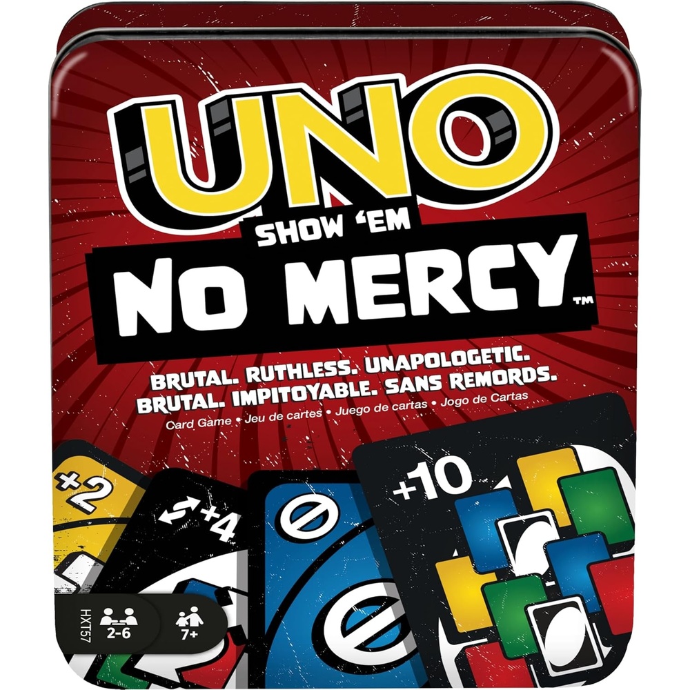 image:imageMattel Games UNO Show em No Mercy Card Game in Storage TinAges 7  Extra Cards Special Rules amp Tougher Penalties for Kids Teens amp Family Game Night 26 Players Amazon Exclusive