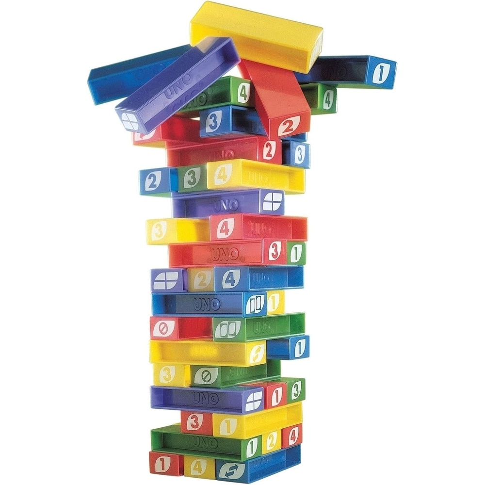 image:imageMattel Games UNO StackoGame for Kids and Family with 45 Colored Stacking Blocks Loading Tray and Instructions Makes a Great Gift for 7 Year Olds and Up 43535