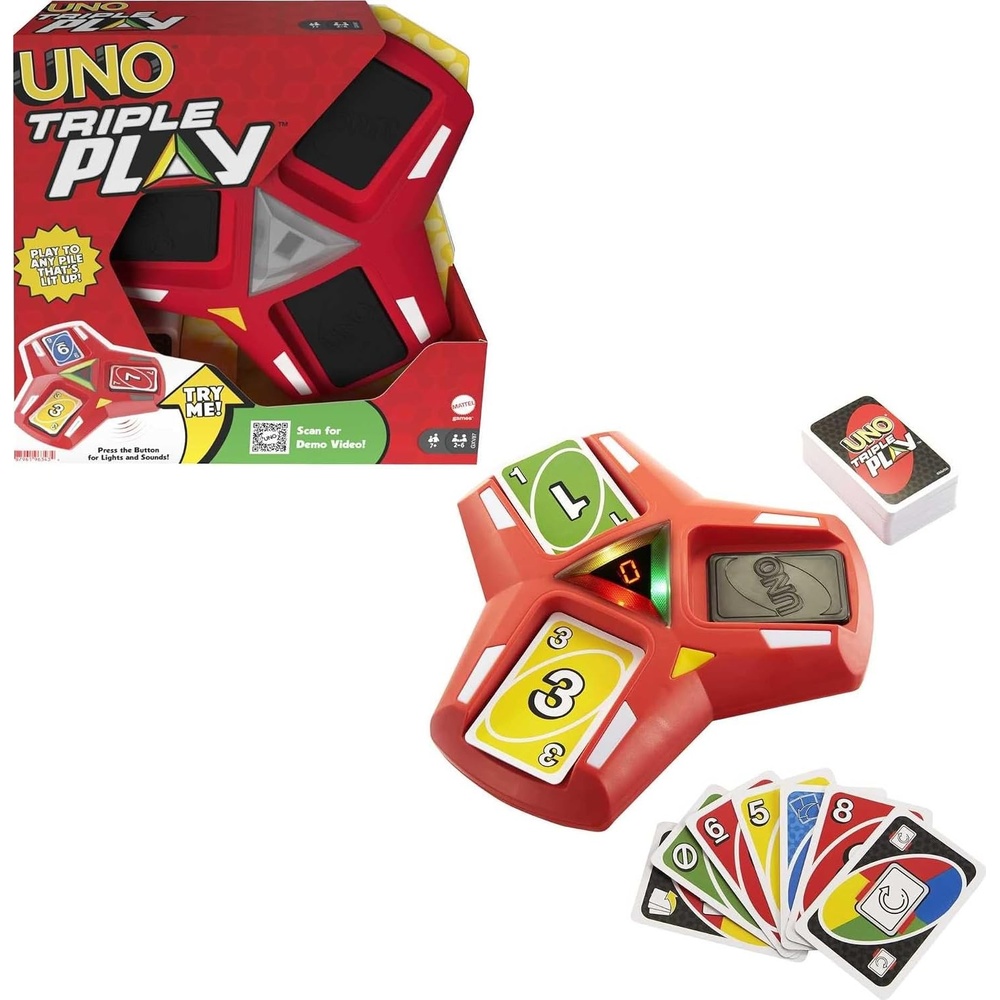 image:imageMattel Games UNO Triple Play Card Game Game for Kids Adults and Family Night Play Three Piles Draw When it Overloads Lights and Sounds