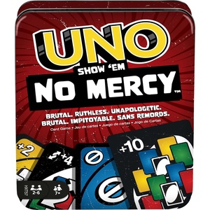 Mattel Games UNO Show ‘em No Mercy Card Game in Storage Tin,Ages 7+ | Extra Cards, Special Rules & Tougher Penalties for Kids, Teens & Family Game Night, 2-6 Players (Amazon Exclusive)