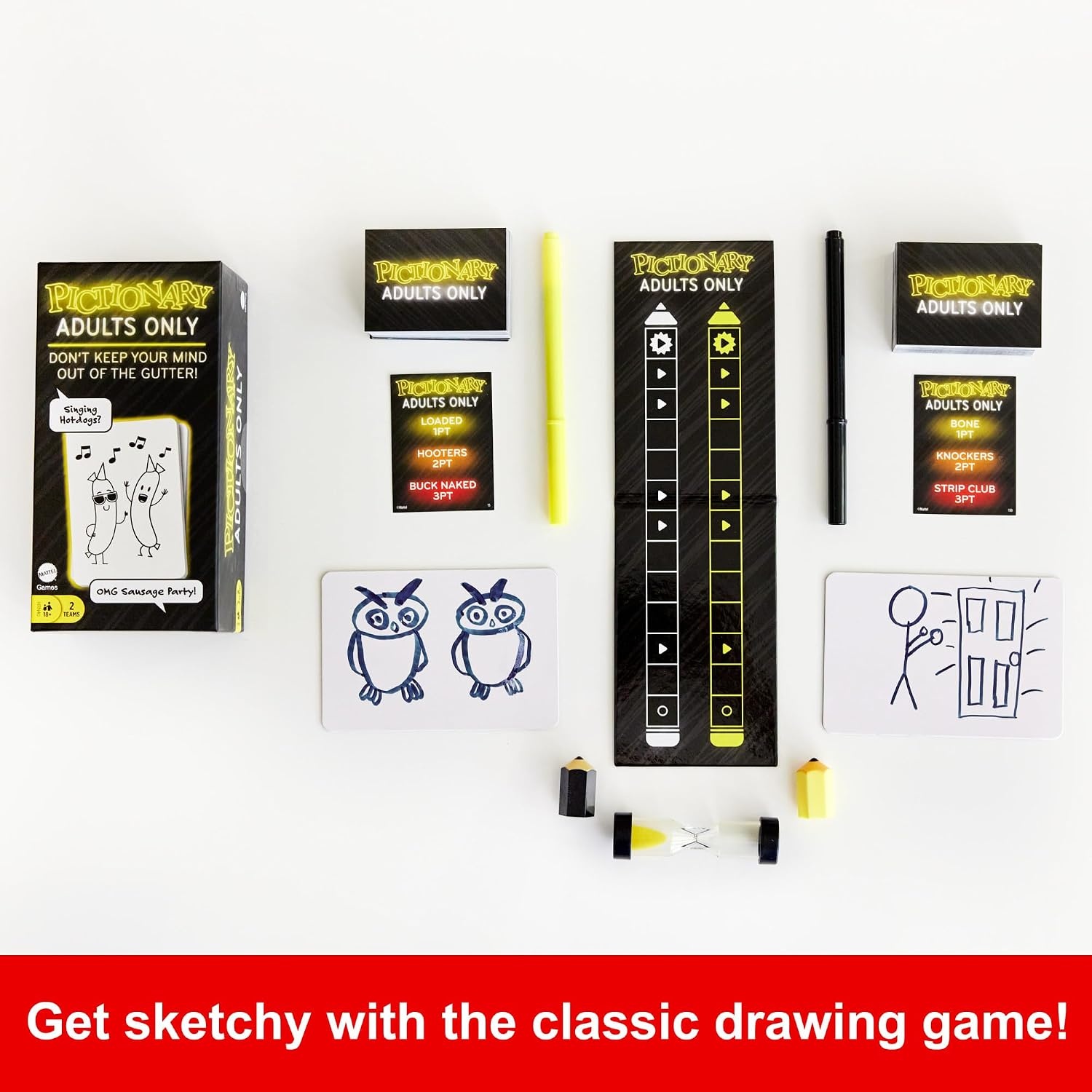 image:imageMattel Games Pictionary Adults Only Party Drawing Game with Silly Sketches amp NSFW Clue Cards Boards Markers amp Sand TimerPictionary Adults