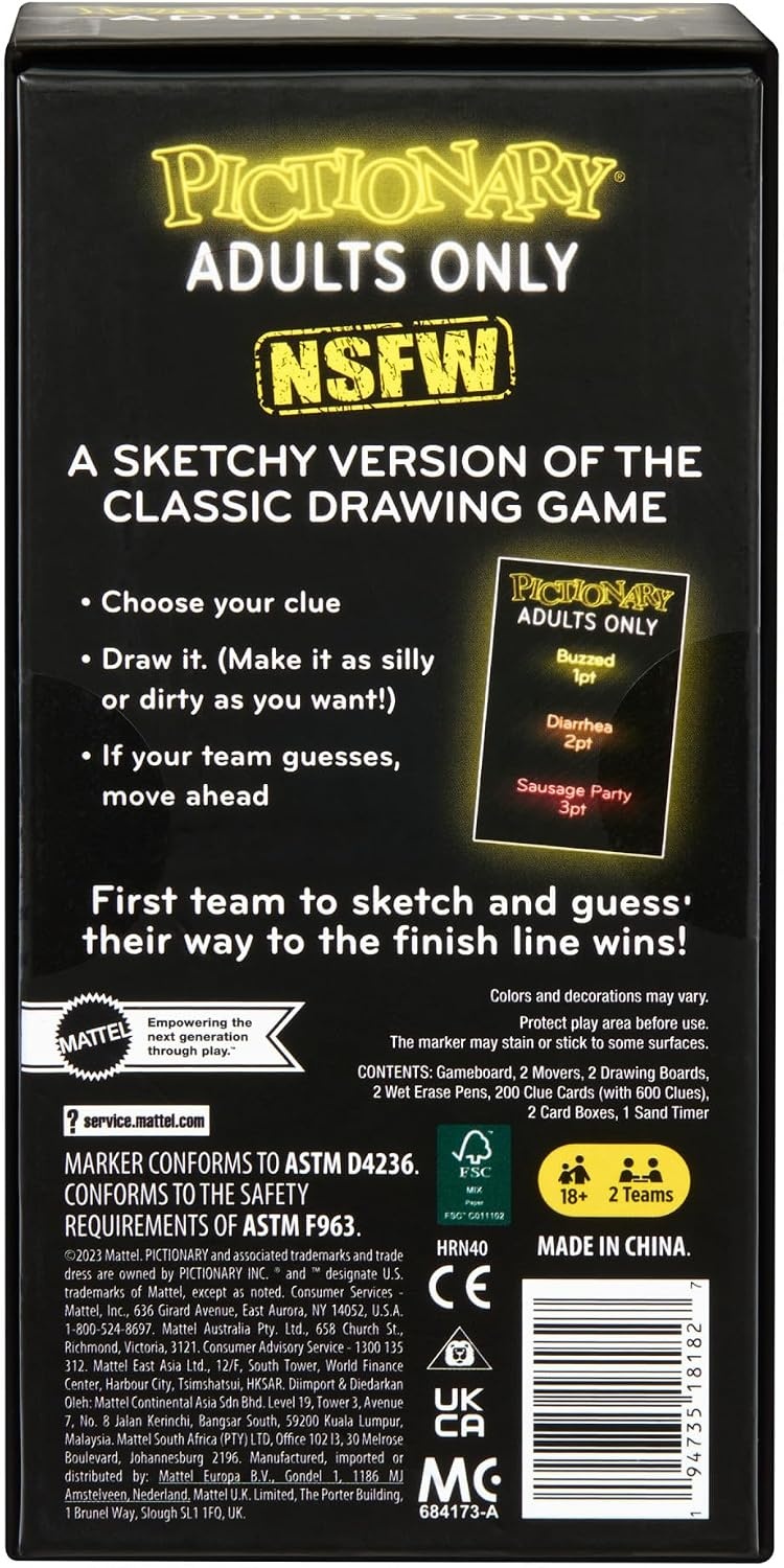 image:imageMattel Games Pictionary Adults Only Party Drawing Game with Silly Sketches amp NSFW Clue Cards Boards Markers amp Sand TimerPictionary Adults