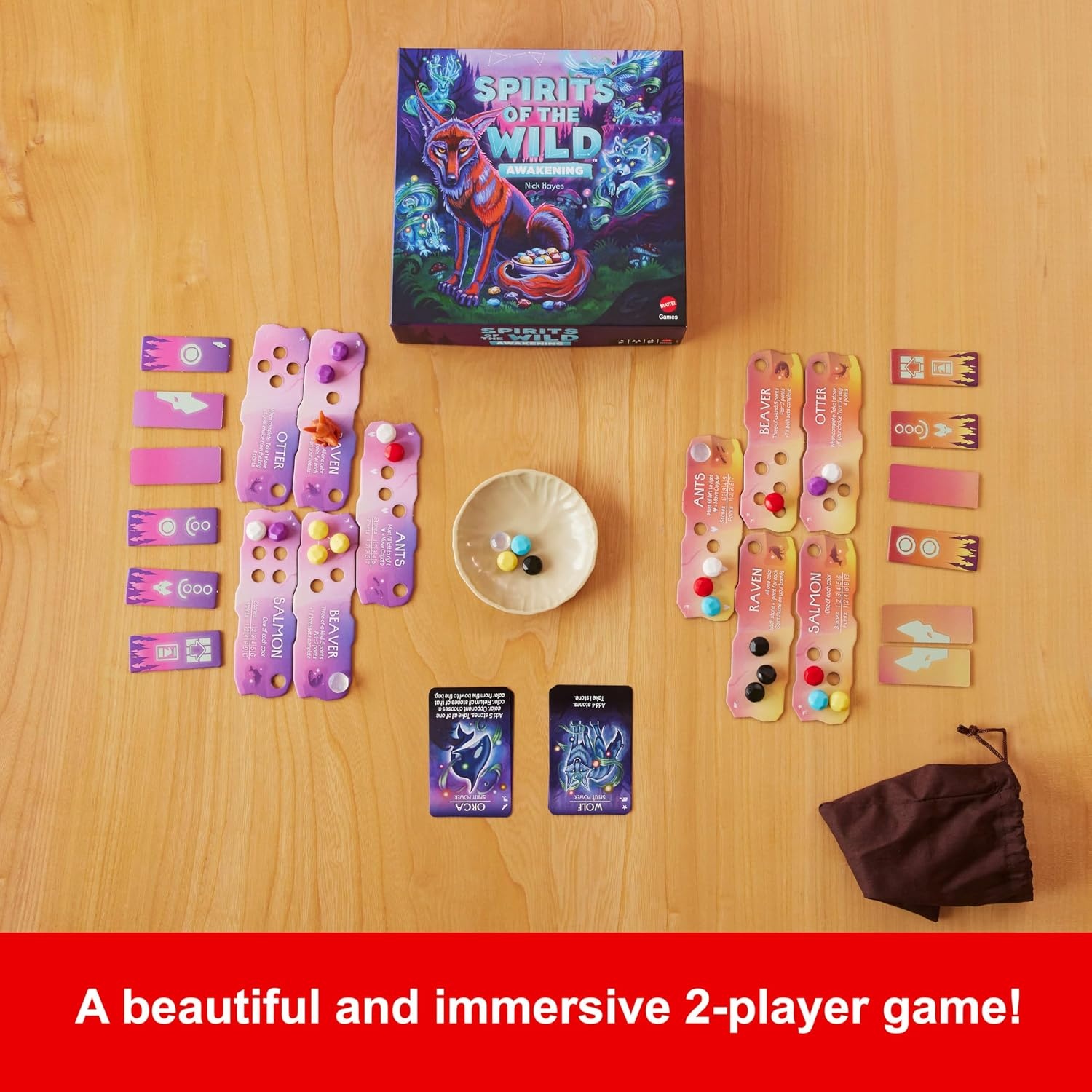image:imageMattel Games Spirits of the Wild Awakening Relaxing Light Strategy Board Game for 2 Players with Stones Bowl and Coyote Figure