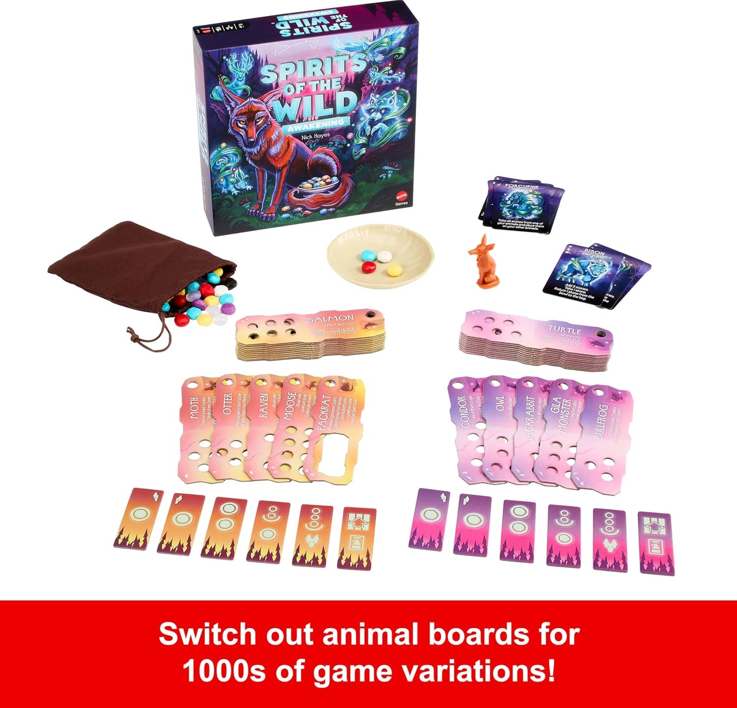 image:imageMattel Games Spirits of the Wild Awakening Relaxing Light Strategy Board Game for 2 Players with Stones Bowl and Coyote Figure