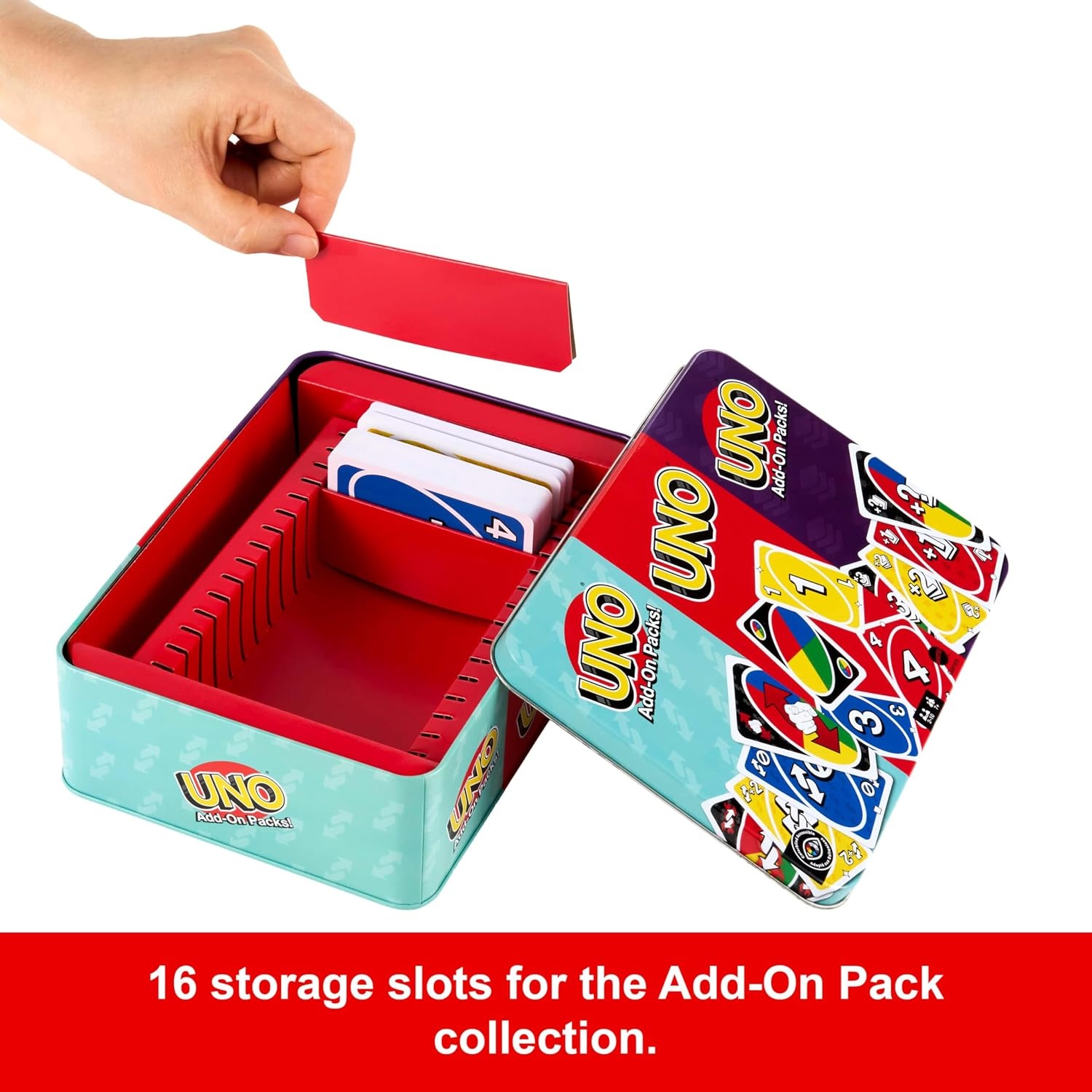 image:imageMattel Games UNO Card Game with 2 Add On Packs with Storage Tin Includes UNO Deck and 2 AddOn Packs for Kids Teens amp Family Game Night for Ages 7 210 Players Amazon ExclusiveUNO wAddOn Reverse Stack Packs