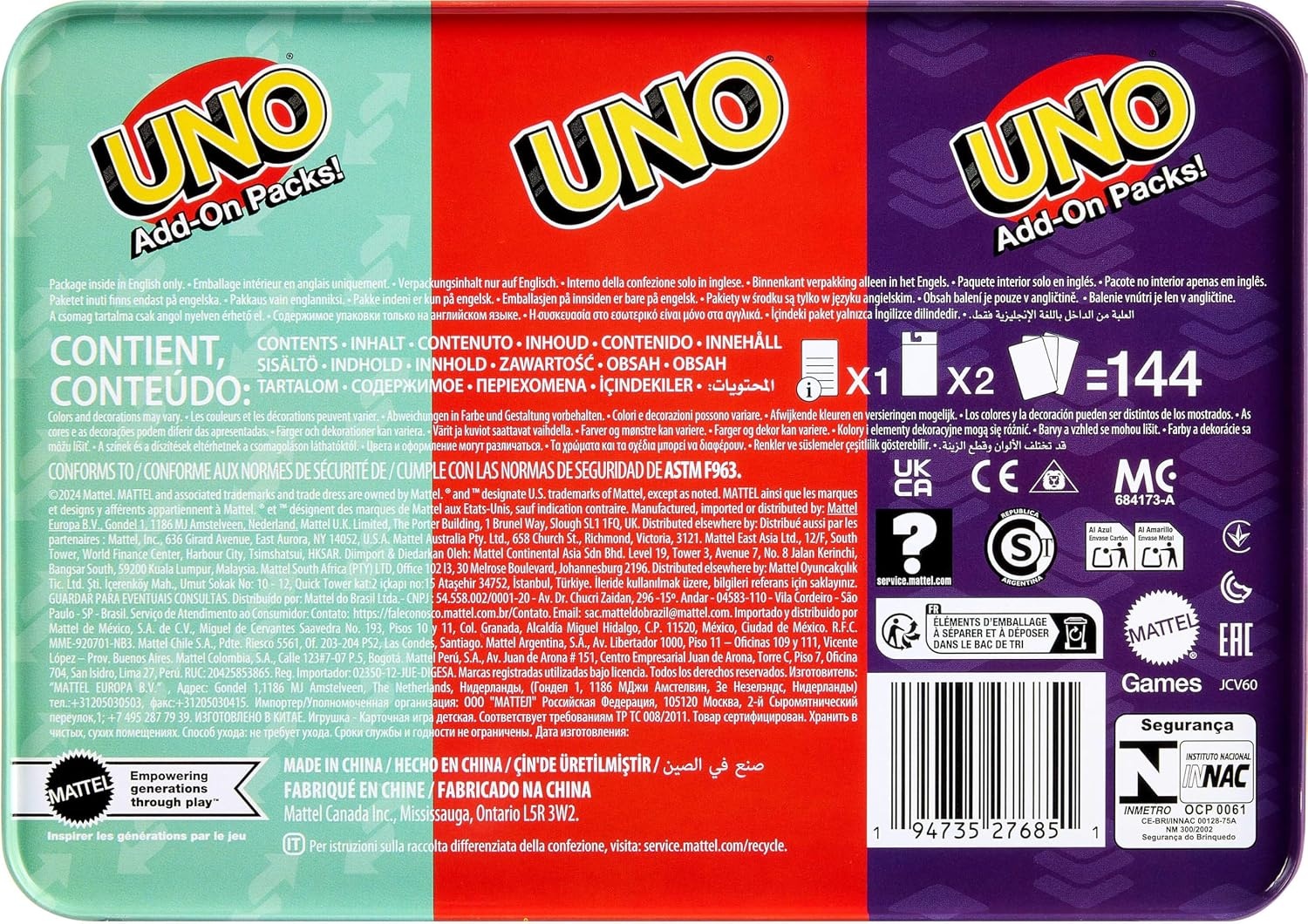 image:imageMattel Games UNO Card Game with 2 Add On Packs with Storage Tin Includes UNO Deck and 2 AddOn Packs for Kids Teens amp Family Game Night for Ages 7 210 Players Amazon ExclusiveUNO wAddOn Reverse Stack Packs
