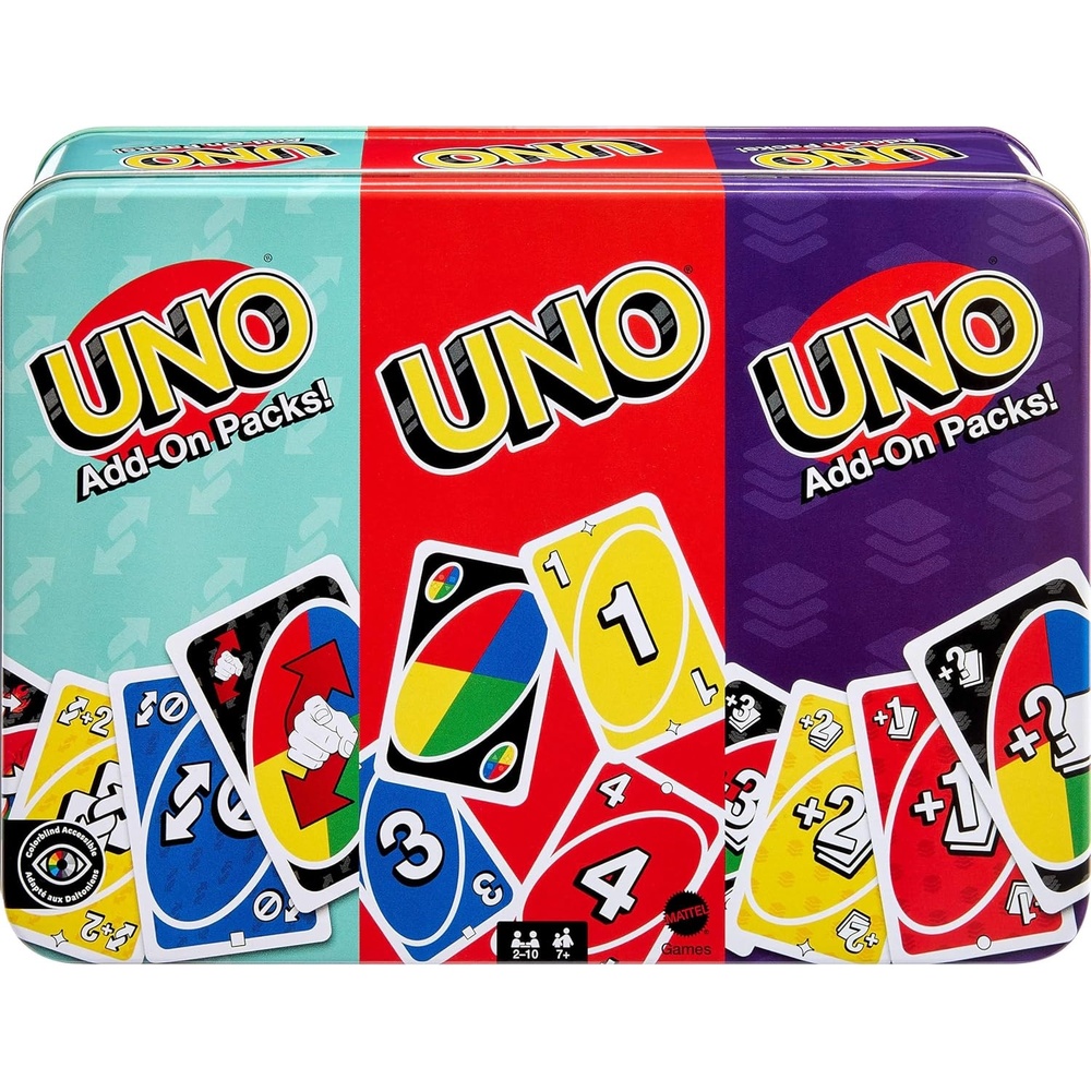 image:imageMattel Games UNO Card Game with 2 Add On Packs with Storage Tin Includes UNO Deck and 2 AddOn Packs for Kids Teens amp Family Game Night for Ages 7 210 Players Amazon ExclusiveUNO wAddOn Reverse Stack Packs
