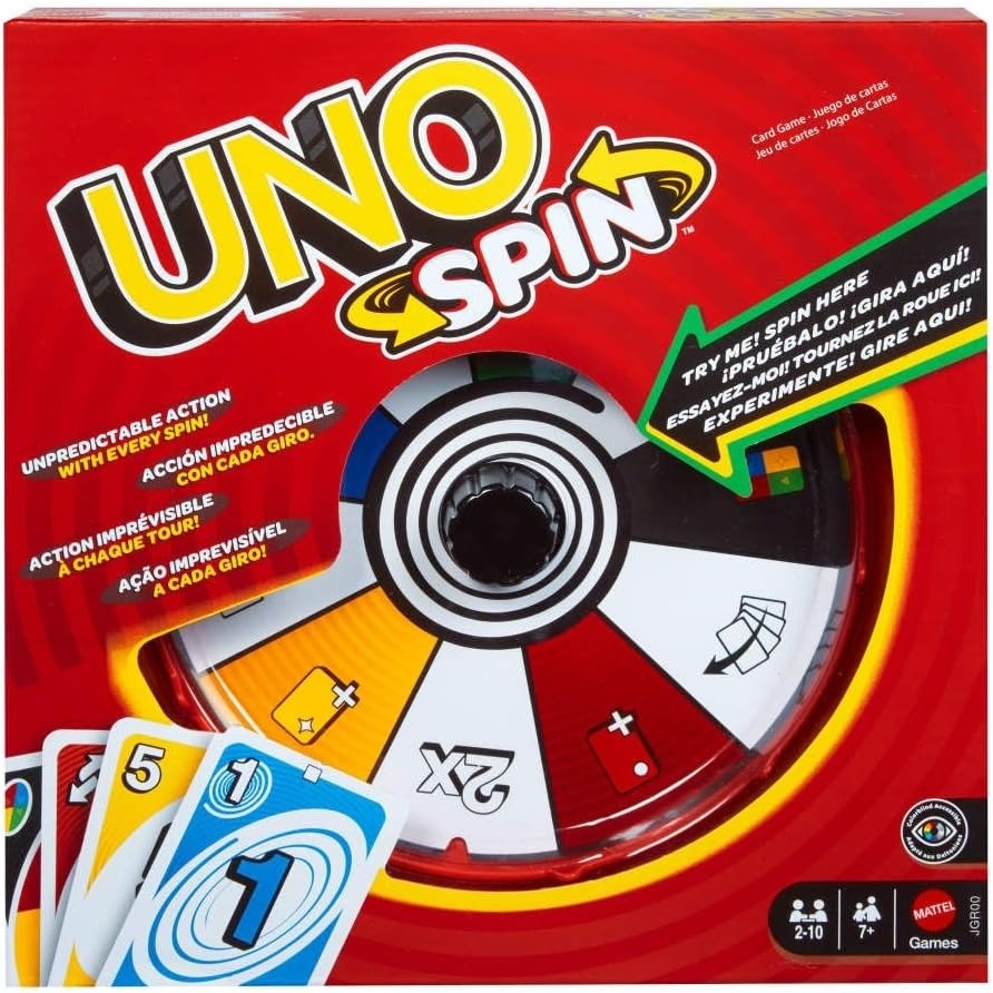 image:imageMattel Games UNO Spin Card Game Ages 7 210 Players  Classic Play with Randomized Spinner Challenges amp Special Rules for Kids Teens amp Family Game NightMulticolor