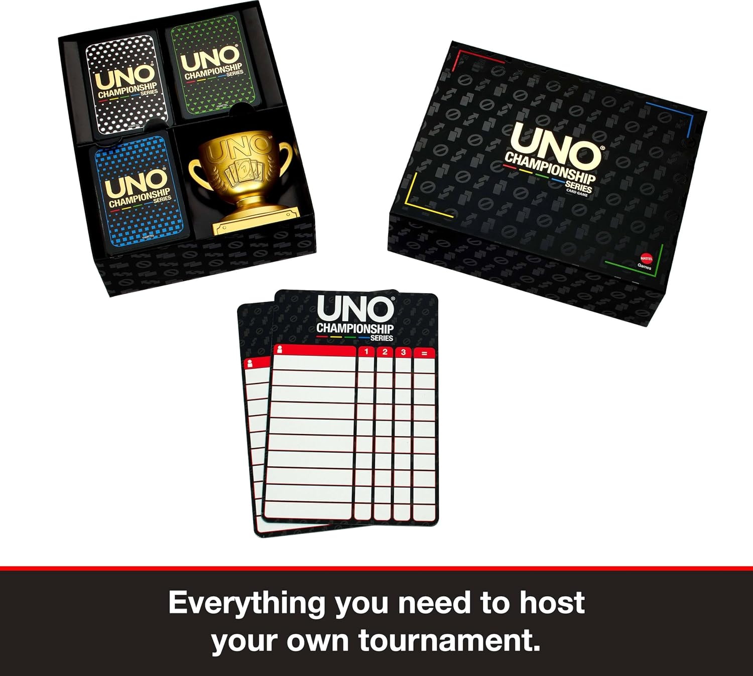 image:imageMattel Games UNO Championship Series Tournament Set Card Game with Scoreboards Erasable Markers amp Trophy for Large Groups of 6 to 30 Players Amazon Exclusive