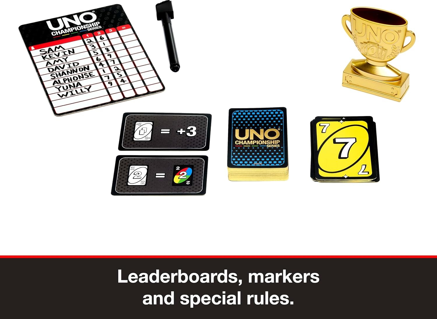 image:imageMattel Games UNO Championship Series Tournament Set Card Game with Scoreboards Erasable Markers amp Trophy for Large Groups of 6 to 30 Players Amazon Exclusive