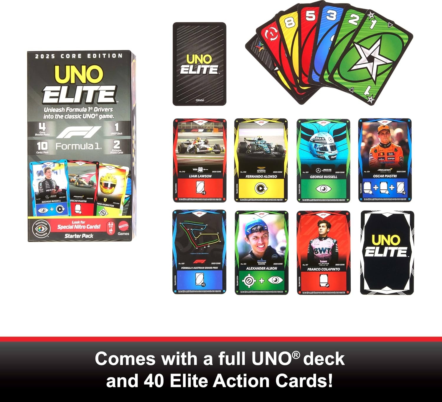 image:imageMattel Games UNO Elite Formula 1 2025 Core Edition Starter Pack Card Game with 4 Game Booster Packs amp 2 Promo Cards for Kids Fans Families amp Game Night