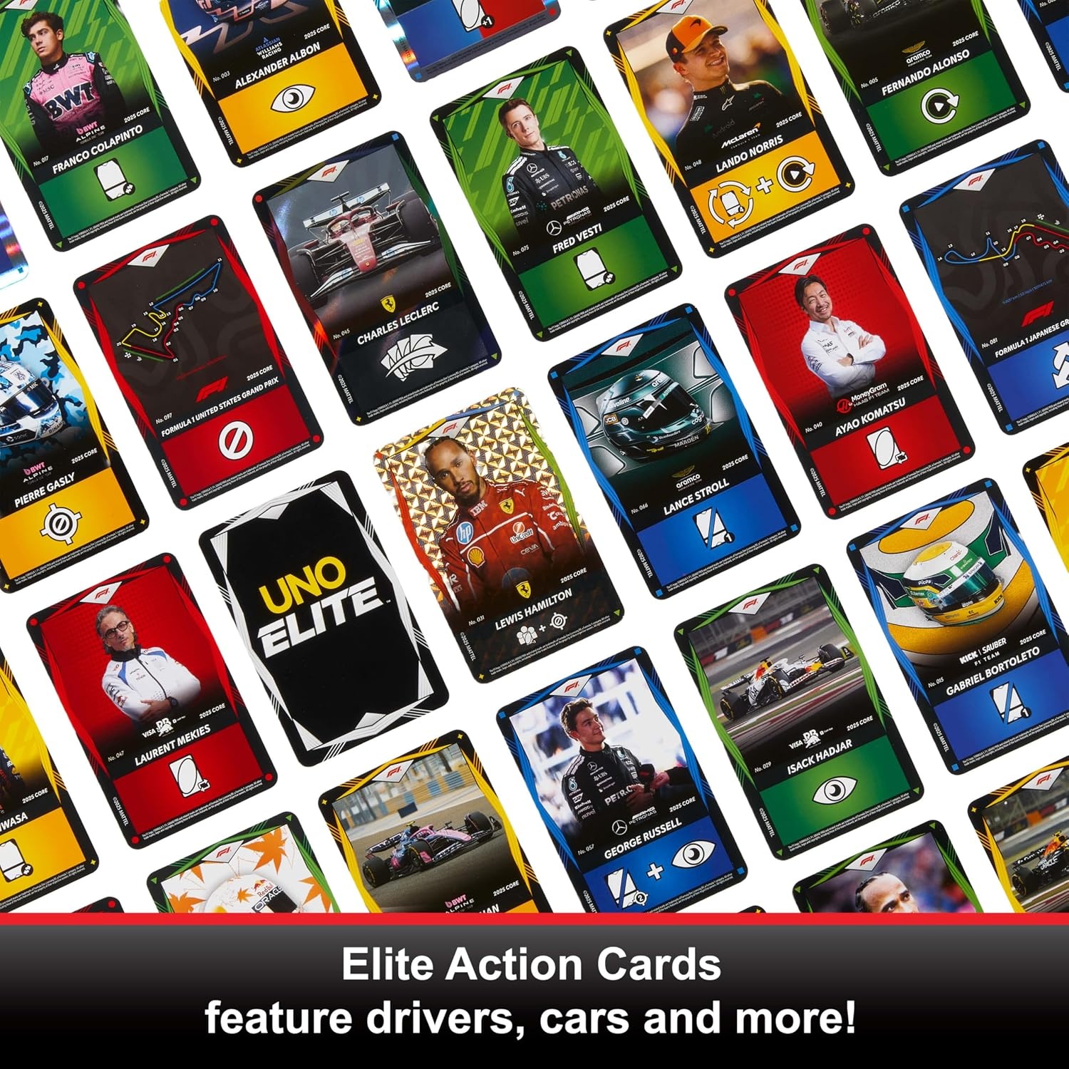 image:imageMattel Games UNO Elite Formula 1 2025 Core Edition Starter Pack Card Game with 4 Game Booster Packs amp 2 Promo Cards for Kids Fans Families amp Game Night