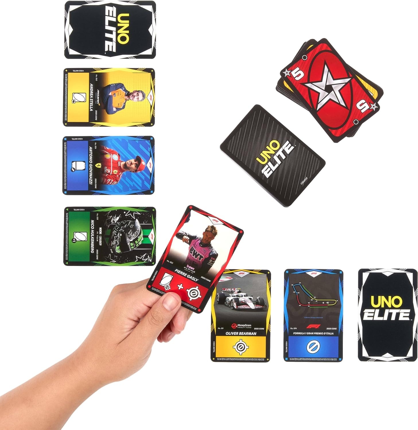 image:imageMattel Games UNO Elite Formula 1 2025 Core Edition Starter Pack Card Game with 4 Game Booster Packs amp 2 Promo Cards for Kids Fans Families amp Game Night