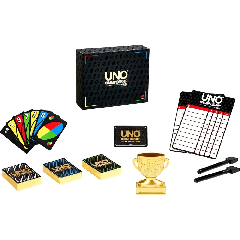 image:imageMattel Games UNO Championship Series Tournament Set Card Game with Scoreboards Erasable Markers amp Trophy for Large Groups of 6 to 30 Players Amazon Exclusive