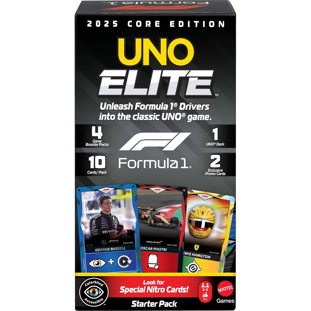 image:imageMattel Games UNO Elite Formula 1 2025 Core Edition Starter Pack Card Game with 4 Game Booster Packs amp 2 Promo Cards for Kids Fans Families amp Game Night